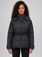 Women’s Belted Hooded Puffer Jacket – Warm Padded Winter Coat