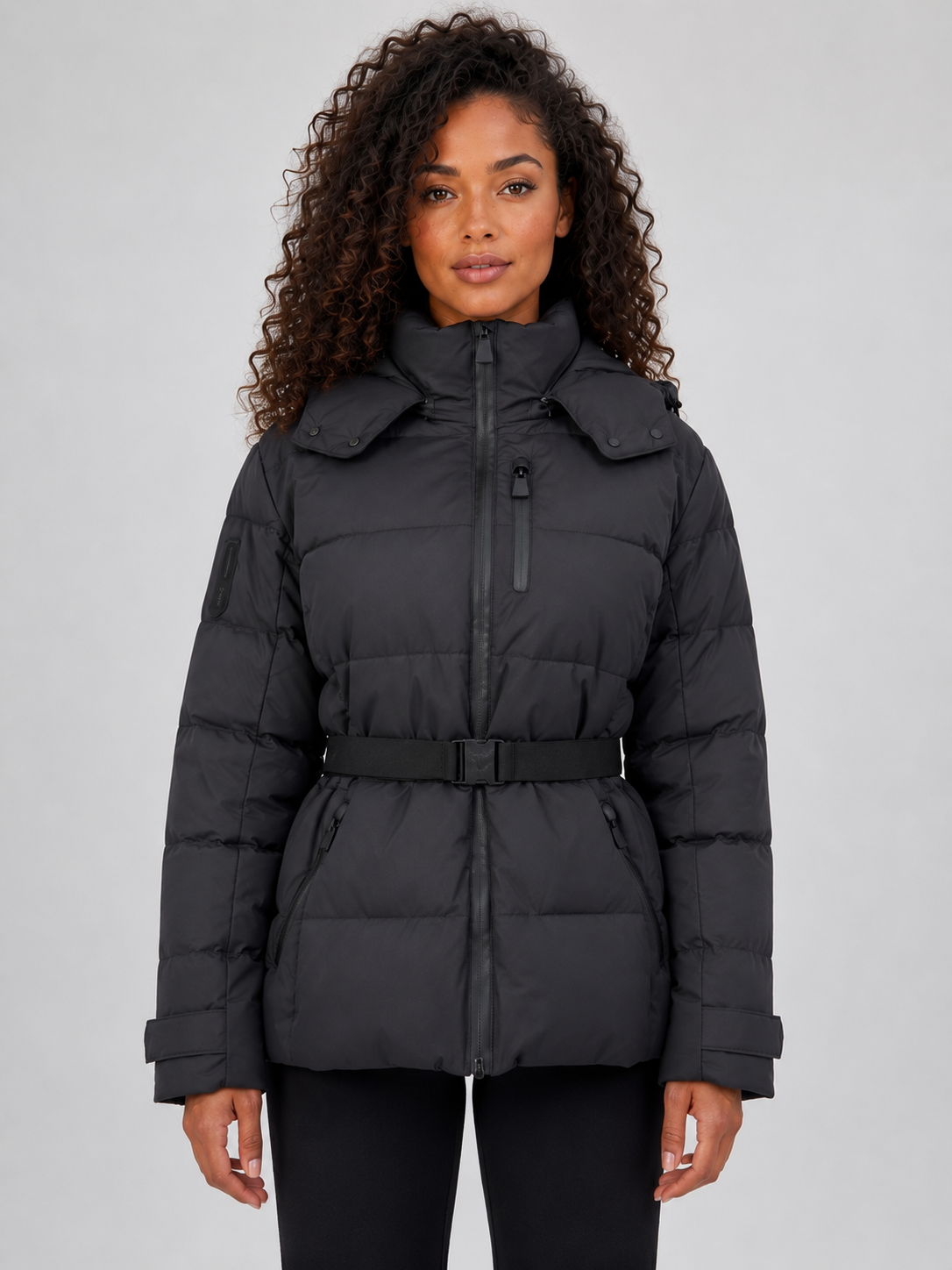 Women’s Belted Hooded Puffer Jacket – Warm Padded Winter Coat