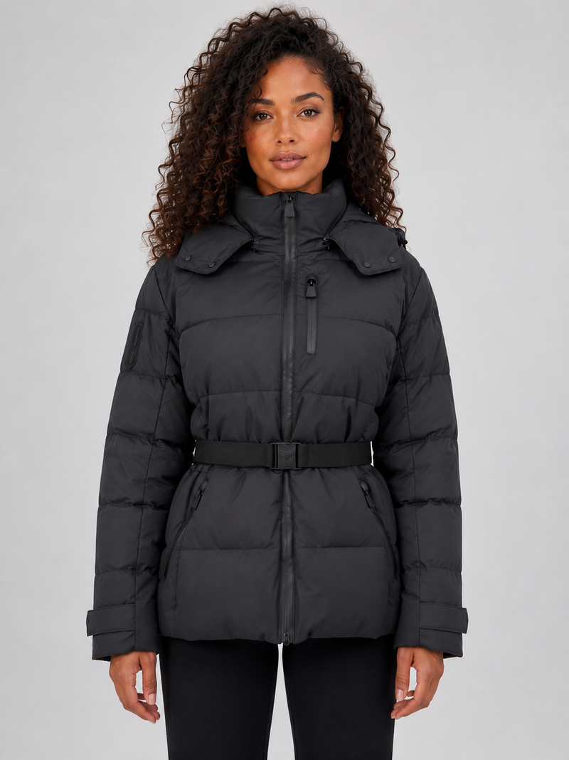 Women’s Belted Hooded Puffer Jacket – Warm Padded Winter Coat