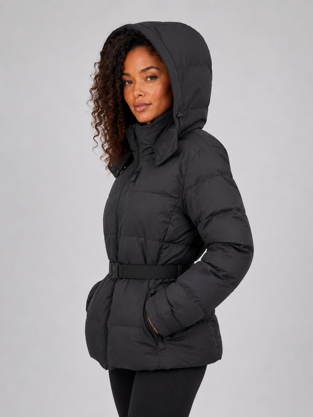 Women’s Belted Hooded Puffer Jacket – Warm Padded Winter Coat