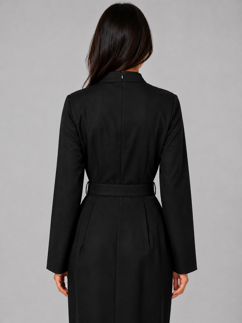 Women’s Belted Midi Dress – V-Neck Tailored Long Sleeve