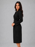 Women’s Belted Midi Dress – V-Neck Tailored Long Sleeve