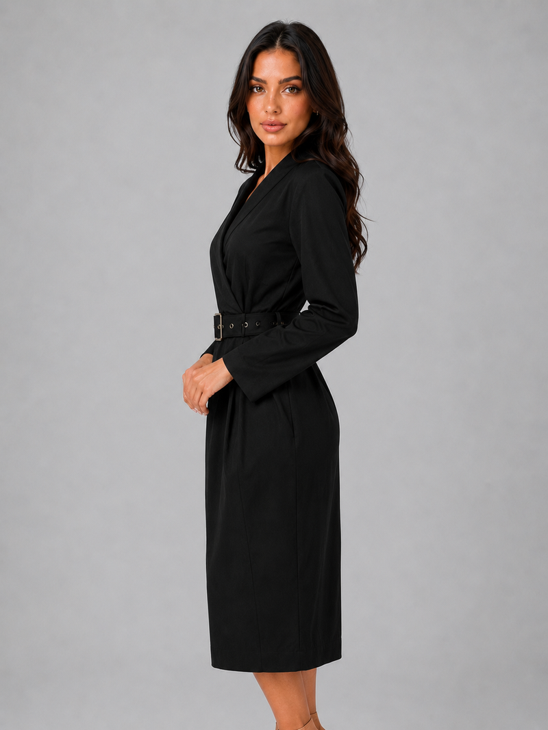 Women’s Belted Midi Dress – V-Neck Tailored Long Sleeve