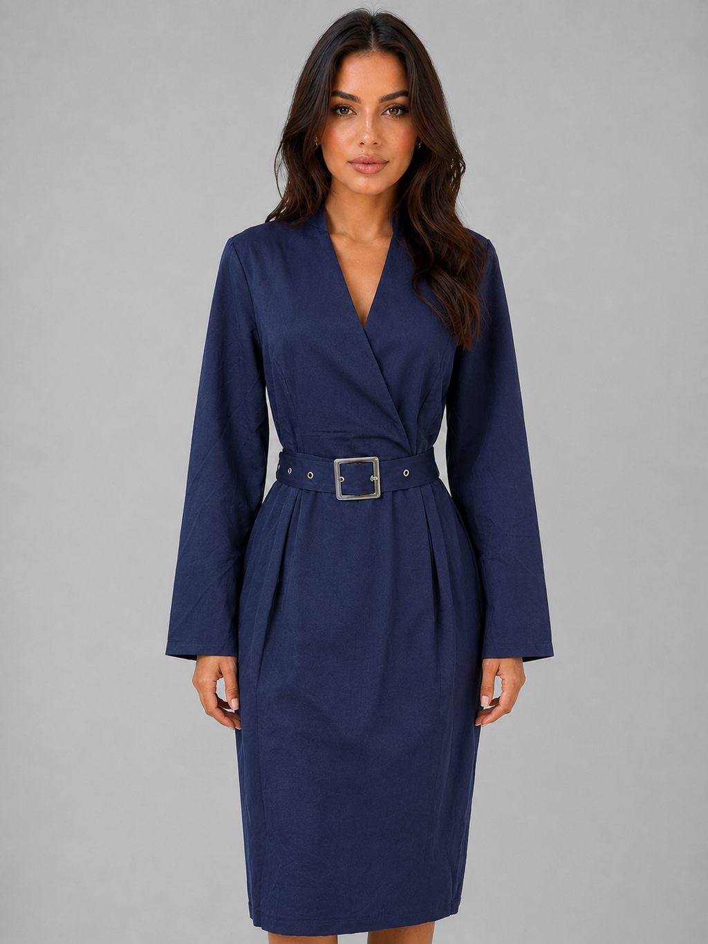 Women’s Belted Midi Dress – V-Neck Tailored Long Sleeve