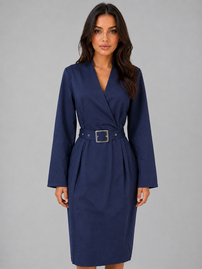 Women’s Belted Midi Dress – V-Neck Tailored Long Sleeve
