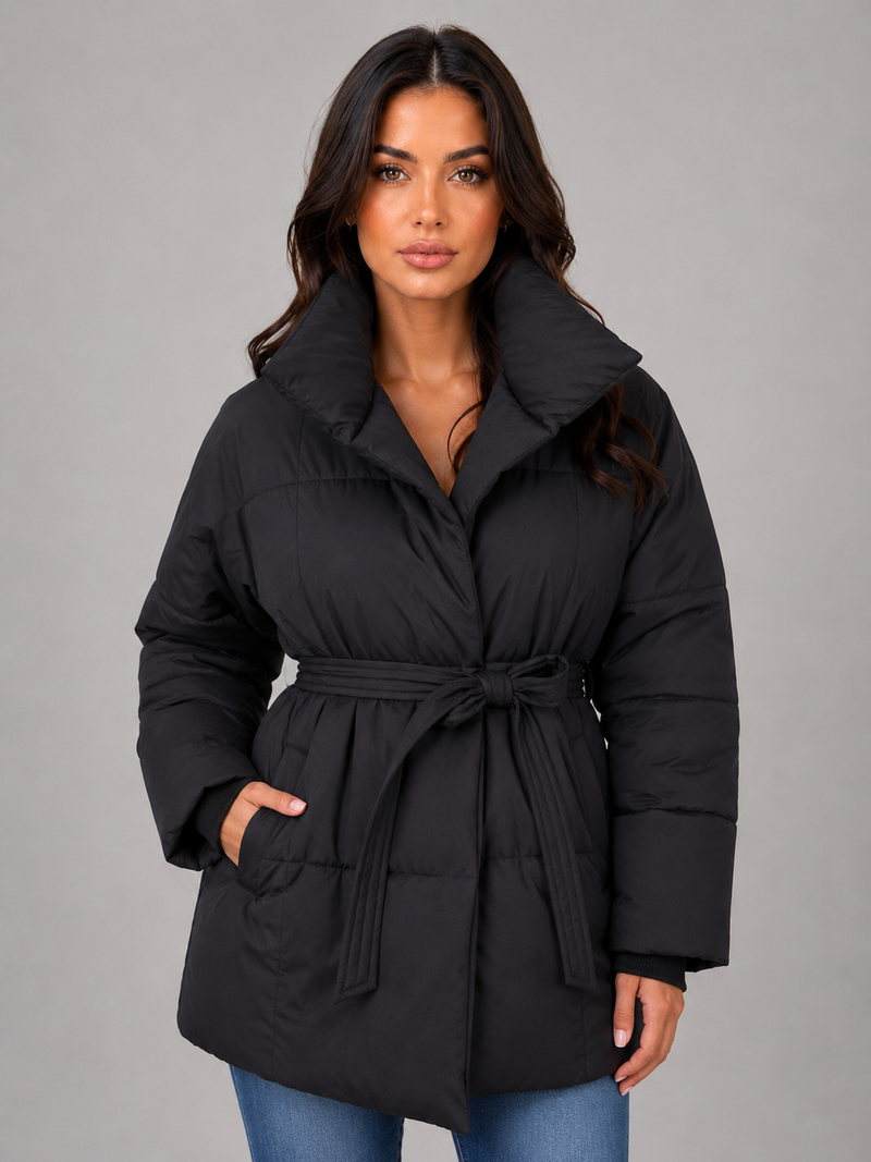 Women’s Belted Puffer Jacket – High Collar Padded Winter Coat