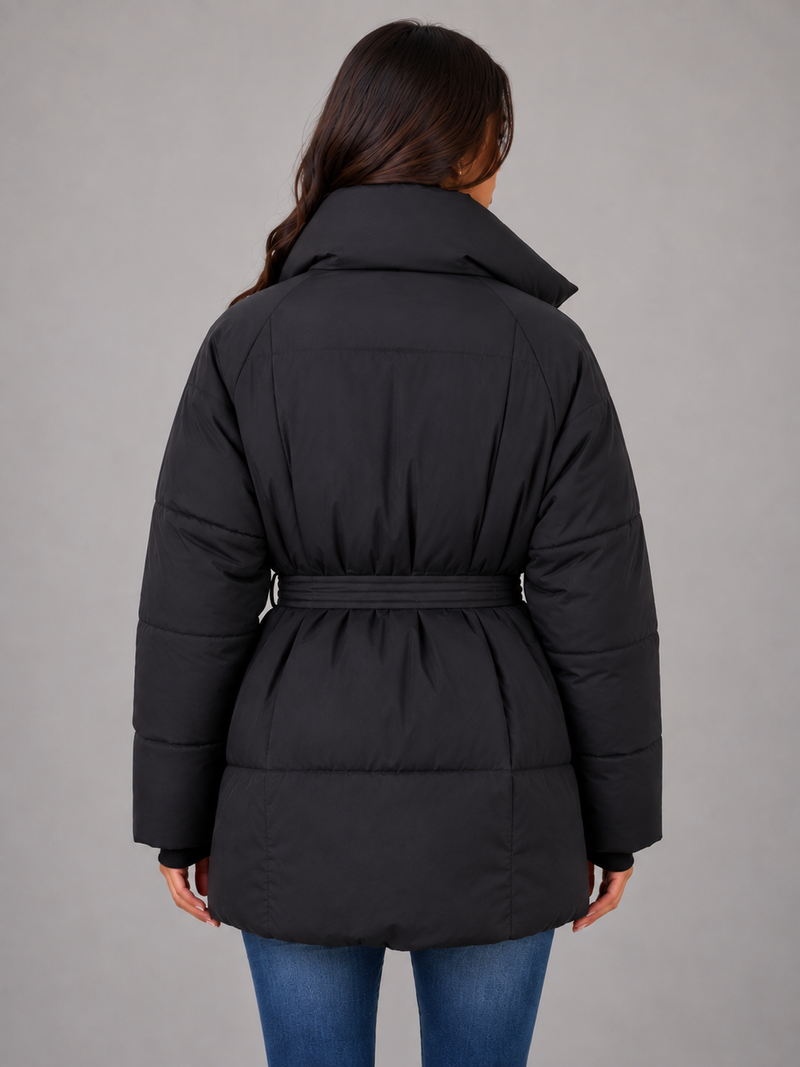 Women’s Belted Puffer Jacket – High Collar Padded Winter Coat