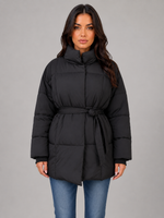 Women’s Belted Puffer Jacket – High Collar Padded Winter Coat