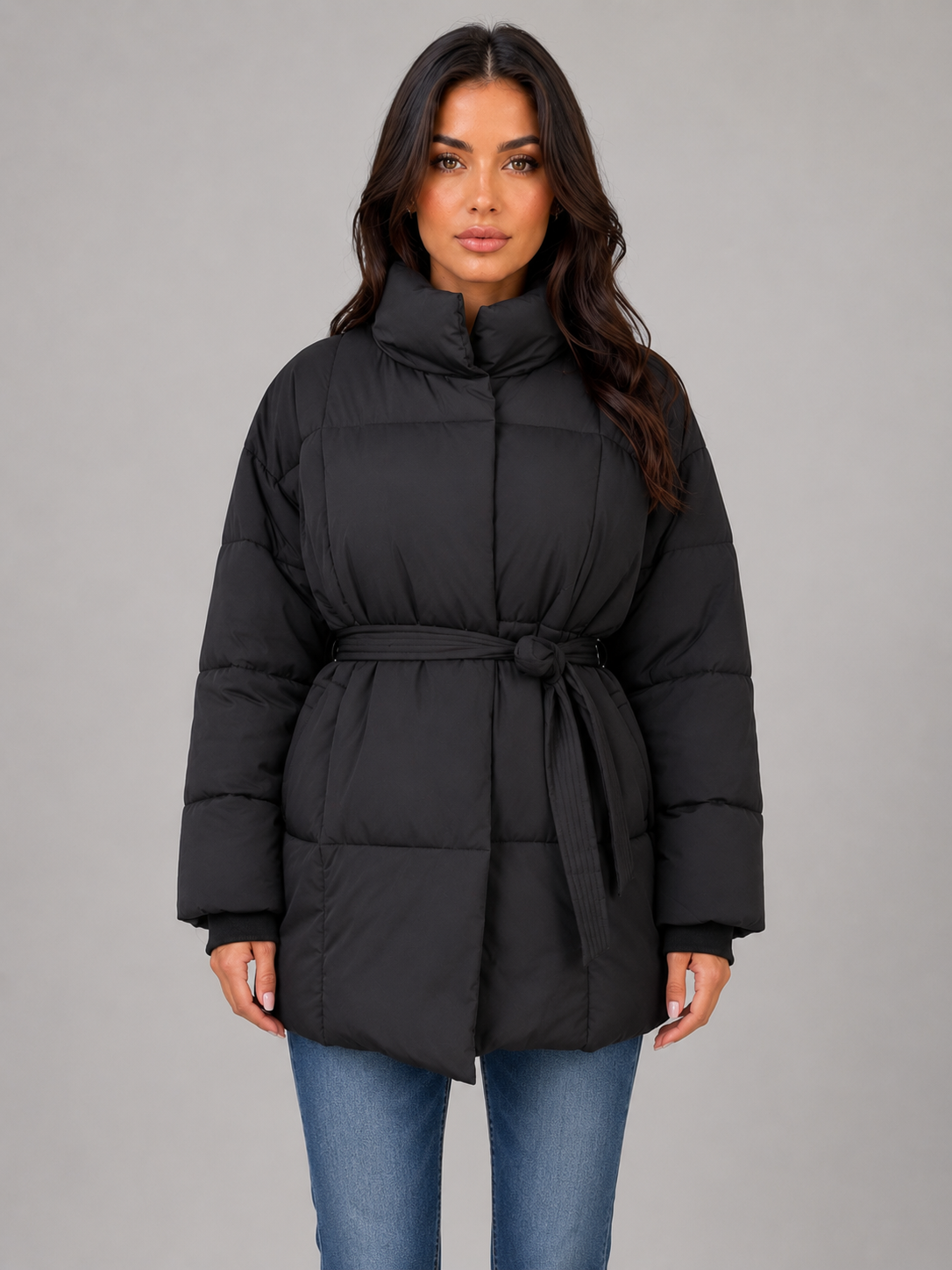 Women’s Belted Puffer Jacket – High Collar Padded Winter Coat