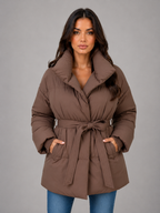 Women’s Belted Puffer Jacket – High Collar Padded Winter Coat