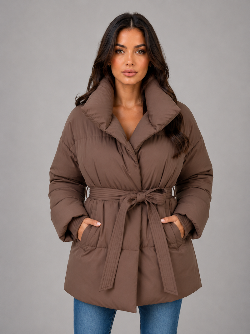 Women’s Belted Puffer Jacket – High Collar Padded Winter Coat