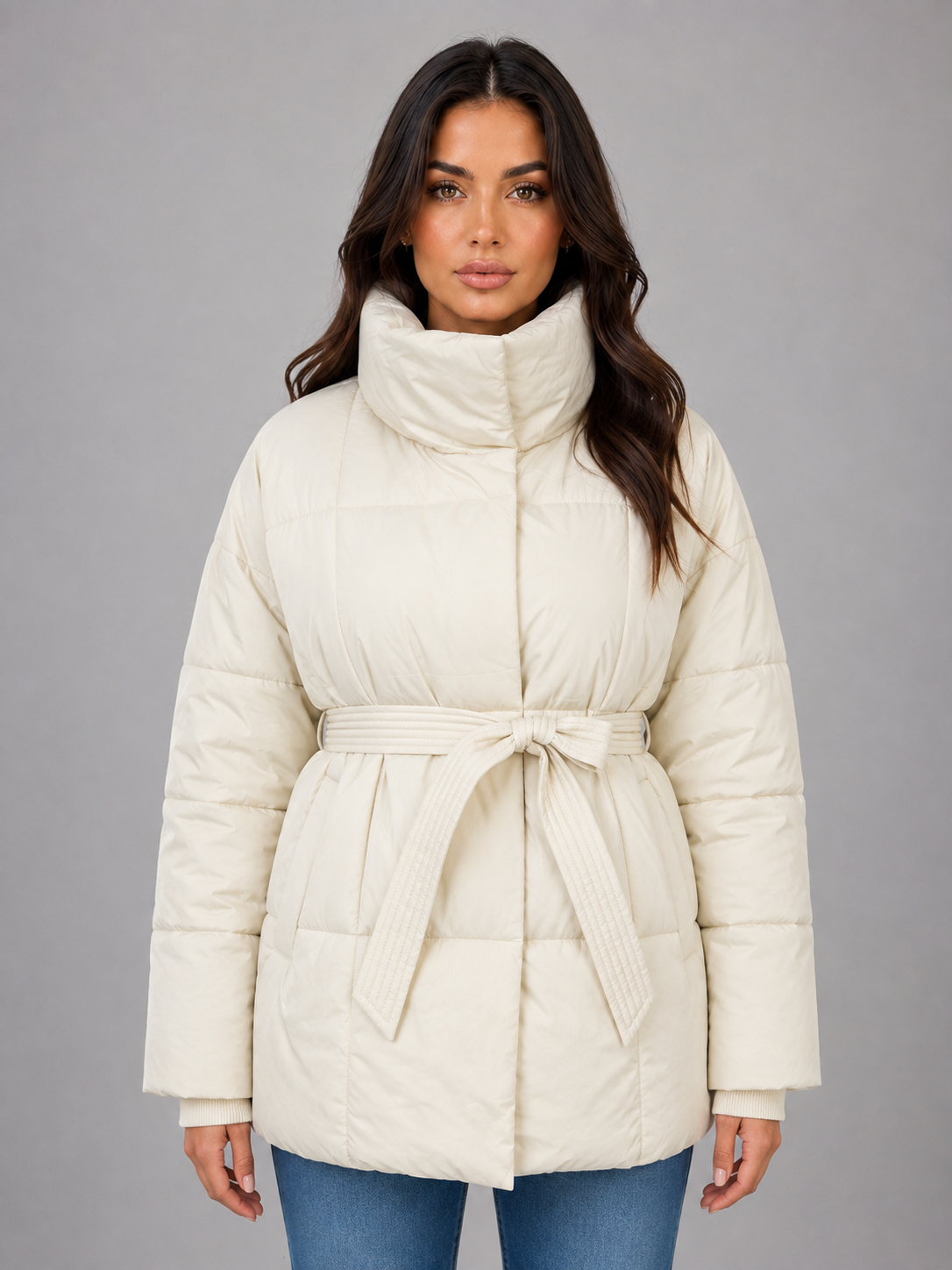Women’s Belted Puffer Jacket – High Collar Padded Winter Coat