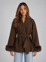 Women’s Belted Wrap Coat – Faux Fur Cuff Short Jacket