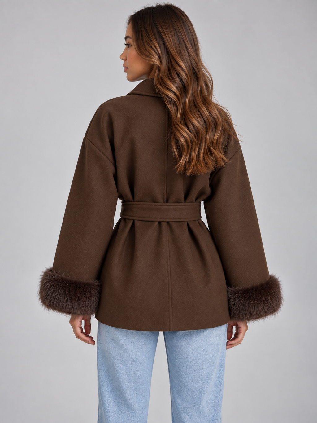 Women’s Belted Wrap Coat – Faux Fur Cuff Short Jacket