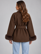 Women’s Belted Wrap Coat – Faux Fur Cuff Short Jacket