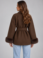 Women’s Belted Wrap Coat – Faux Fur Cuff Short Jacket