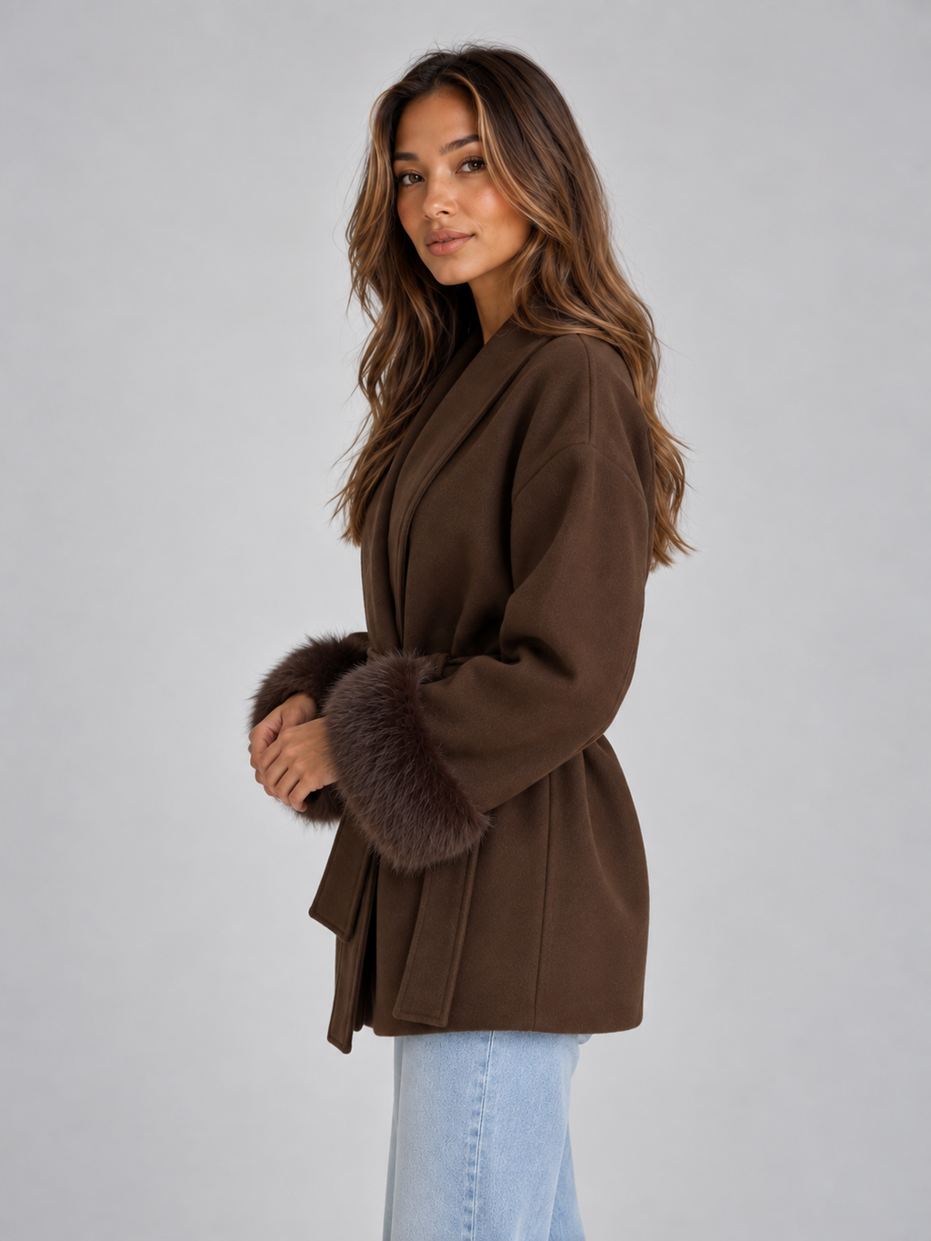 Women’s Belted Wrap Coat – Faux Fur Cuff Short Jacket