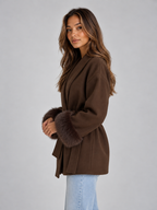 Women’s Belted Wrap Coat – Faux Fur Cuff Short Jacket