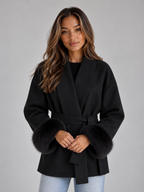 Women’s Belted Wrap Coat – Faux Fur Cuff Short Jacket