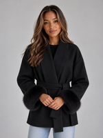 Women’s Belted Wrap Coat – Faux Fur Cuff Short Jacket