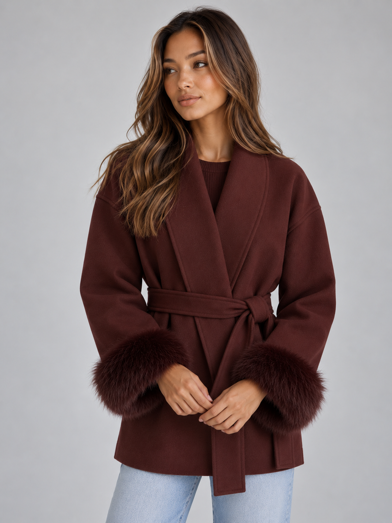 Women’s Belted Wrap Coat – Faux Fur Cuff Short Jacket
