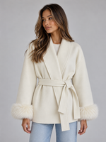 Women’s Belted Wrap Coat – Faux Fur Cuff Short Jacket