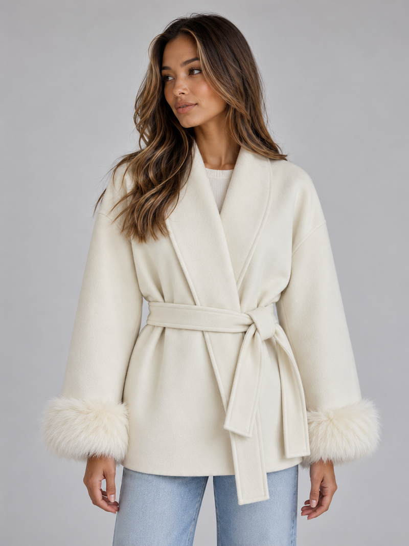 Women’s Belted Wrap Coat – Faux Fur Cuff Short Jacket