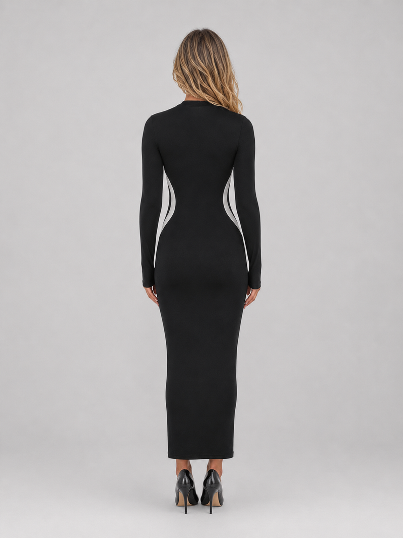Women’s Black Long Sleeve Bodycon Maxi Dress – Slim Fit Sculpting Style