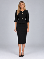 Women’s Tailored Peplum Blazer & Pencil Skirt Co-Ord Set – Gold Button Two-Piece Suit