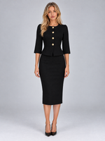Women’s Tailored Peplum Blazer & Pencil Skirt Co-Ord Set – Gold Button Two-Piece Suit