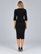 Women’s Tailored Peplum Blazer & Pencil Skirt Co-Ord Set – Gold Button Two-Piece Suit