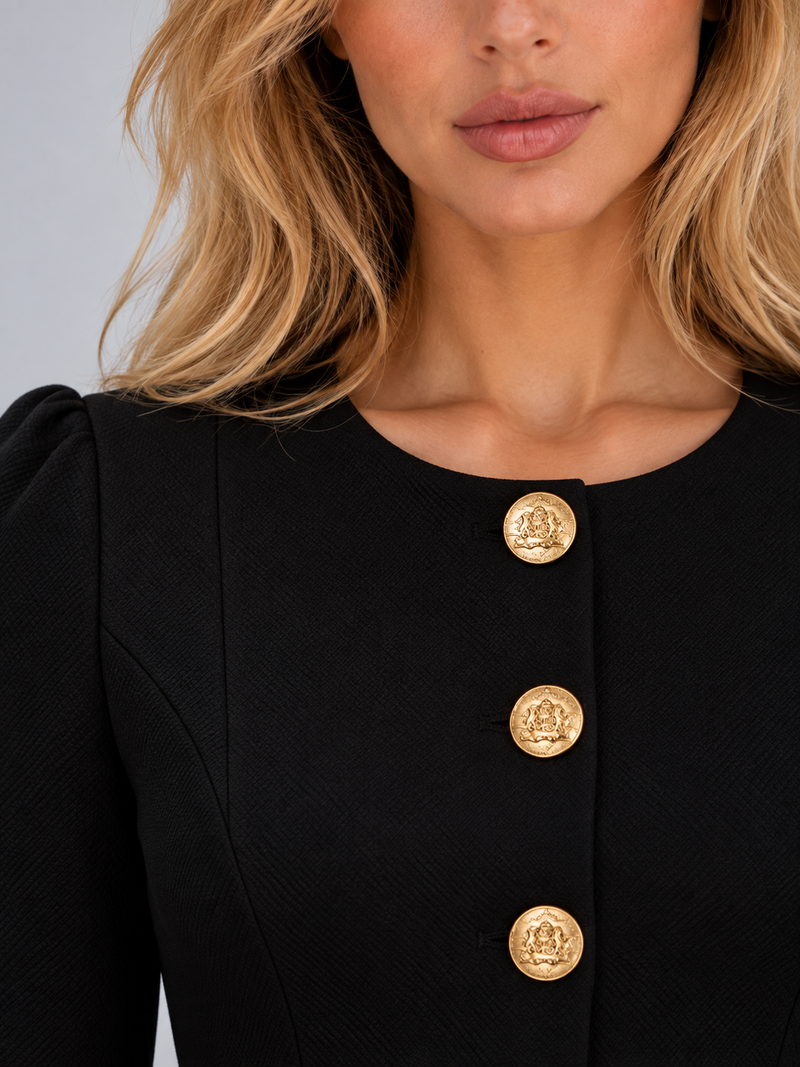 Women’s Tailored Peplum Blazer & Pencil Skirt Co-Ord Set – Gold Button Two-Piece Suit