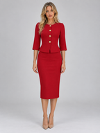 Women’s Tailored Peplum Blazer & Pencil Skirt Co-Ord Set – Gold Button Two-Piece Suit
