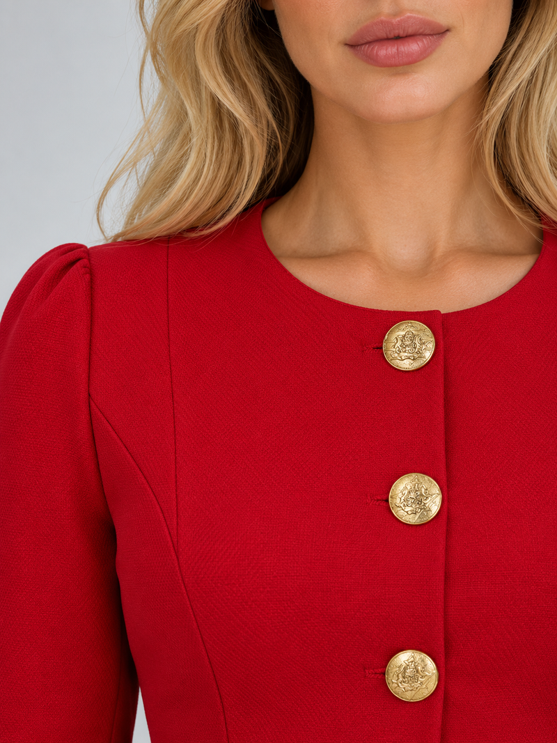 Women’s Tailored Peplum Blazer & Pencil Skirt Co-Ord Set – Gold Button Two-Piece Suit