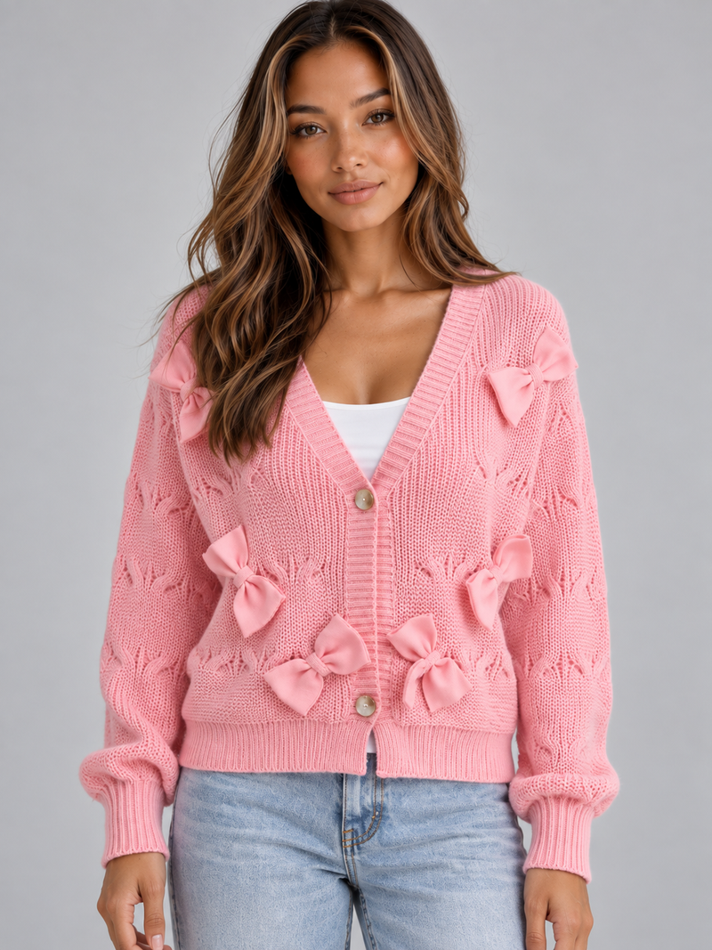 Women’s Bow Detail V-Neck Cardigan – Button Front Knitted Jumper