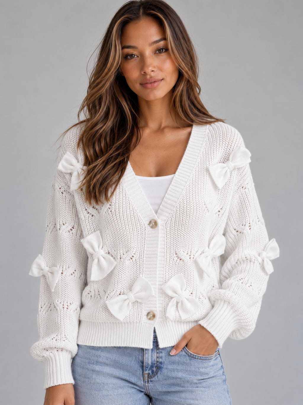 Women’s Bow Detail V-Neck Cardigan – Button Front Knitted Jumper