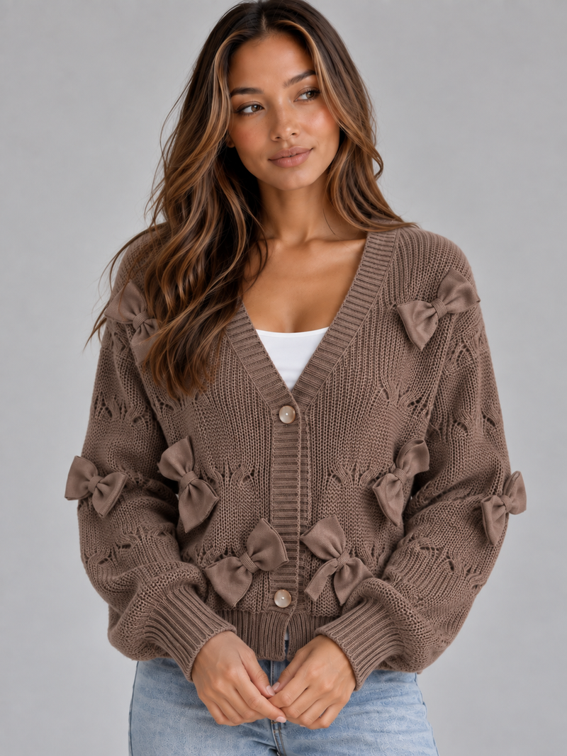 Women’s Bow Detail V-Neck Cardigan – Button Front Knitted Jumper