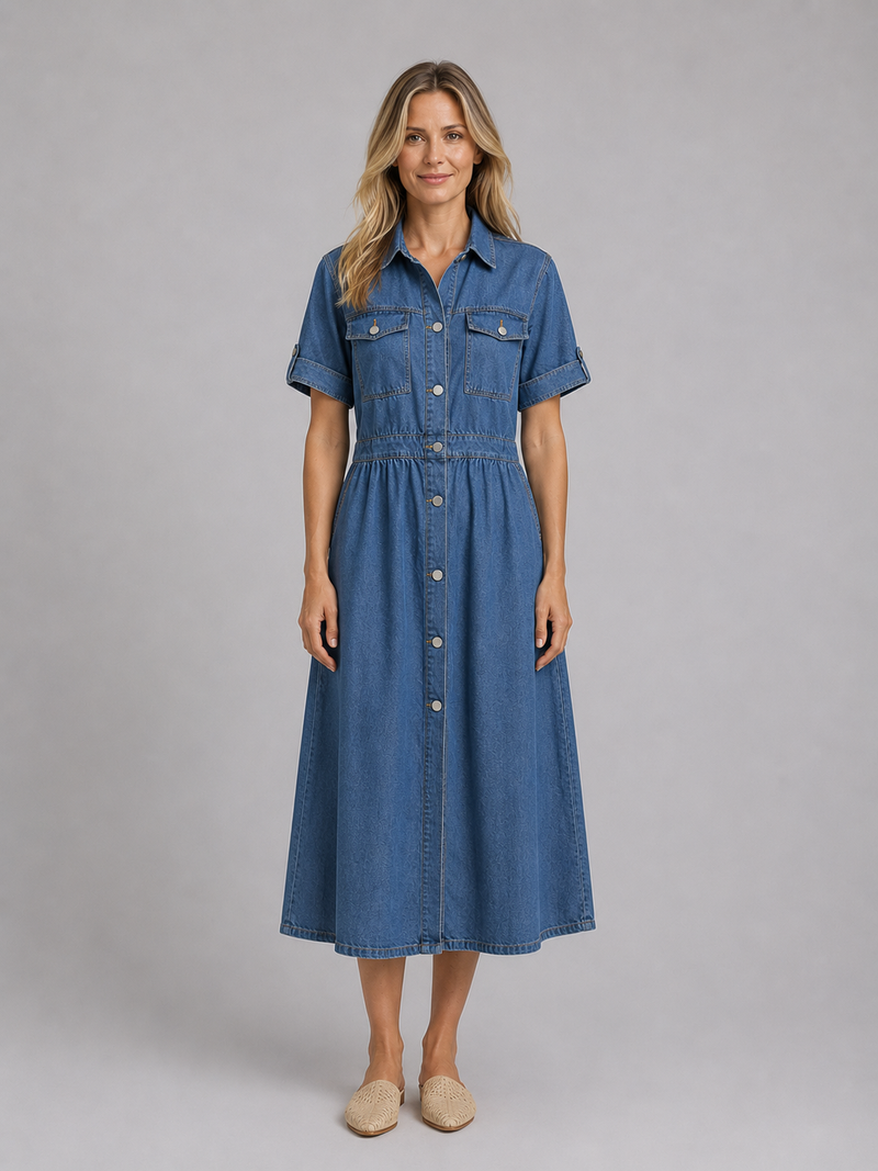 Women's Button Front Denim Midi Dress – Classic Shirt Style – Montleigh