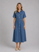 Women's Button Front Denim Midi Dress – Classic Shirt Style