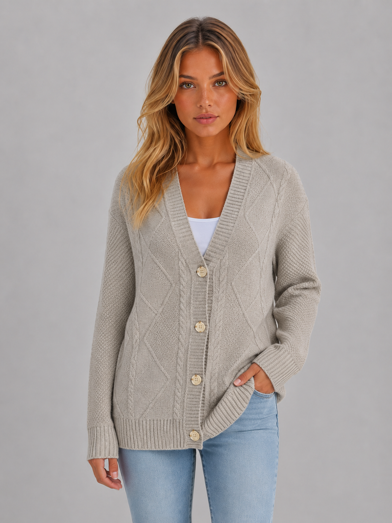 Women's Cable Knit Button Cardigan – Soft V-Neck Knitted Style