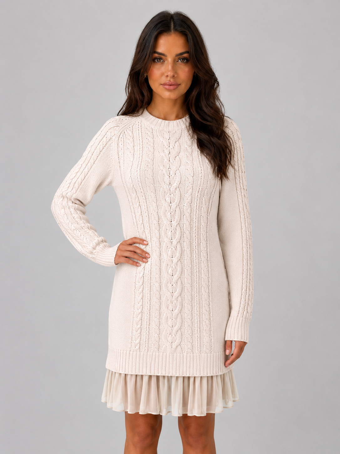 Women's Cable Knit Jumper Mini Dress – Pleated Hem Long Sleeve