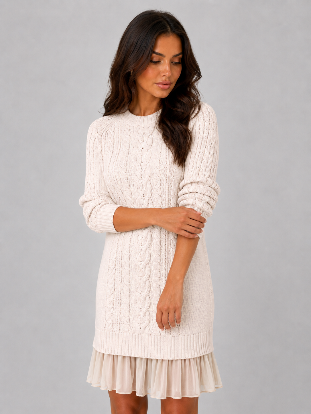 Women's Cable Knit Jumper Mini Dress – Pleated Hem Long Sleeve