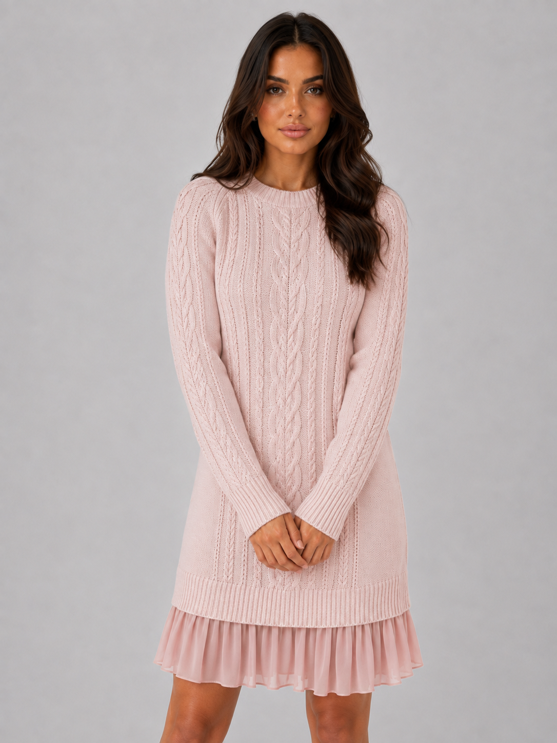 Women's Cable Knit Jumper Mini Dress – Pleated Hem Long Sleeve