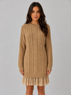 Women's Cable Knit Jumper Mini Dress – Pleated Hem Long Sleeve