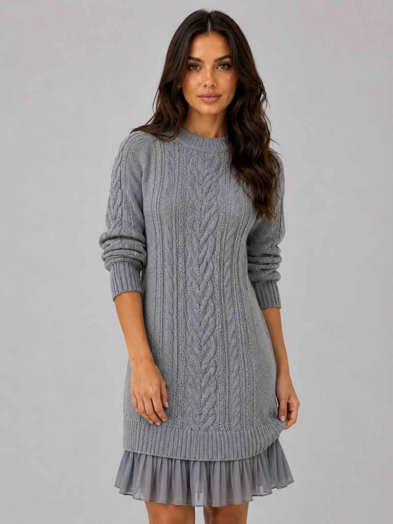 Women's Cable Knit Jumper Mini Dress – Pleated Hem Long Sleeve