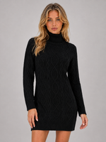 Women’s Cable Knit Jumper Mini Dress – Roll Neck Long Sleeve