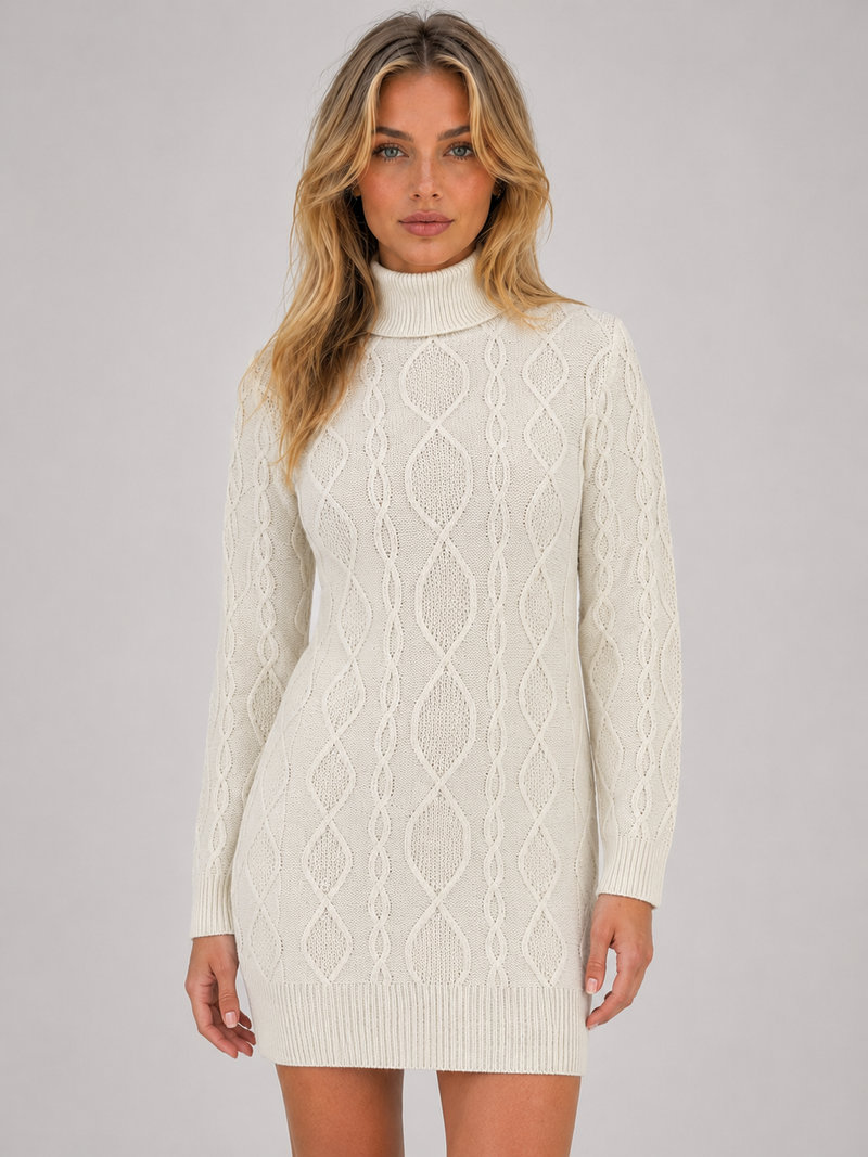 Women’s Cable Knit Jumper Mini Dress – Roll Neck Long Sleeve