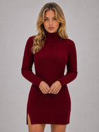 Women’s Cable Knit Jumper Mini Dress – Roll Neck Long Sleeve