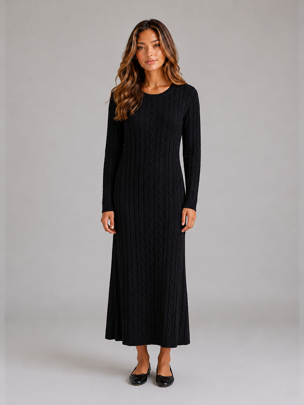 Women's Cable Knit Maxi Dress – Long Sleeve Jumper Dress