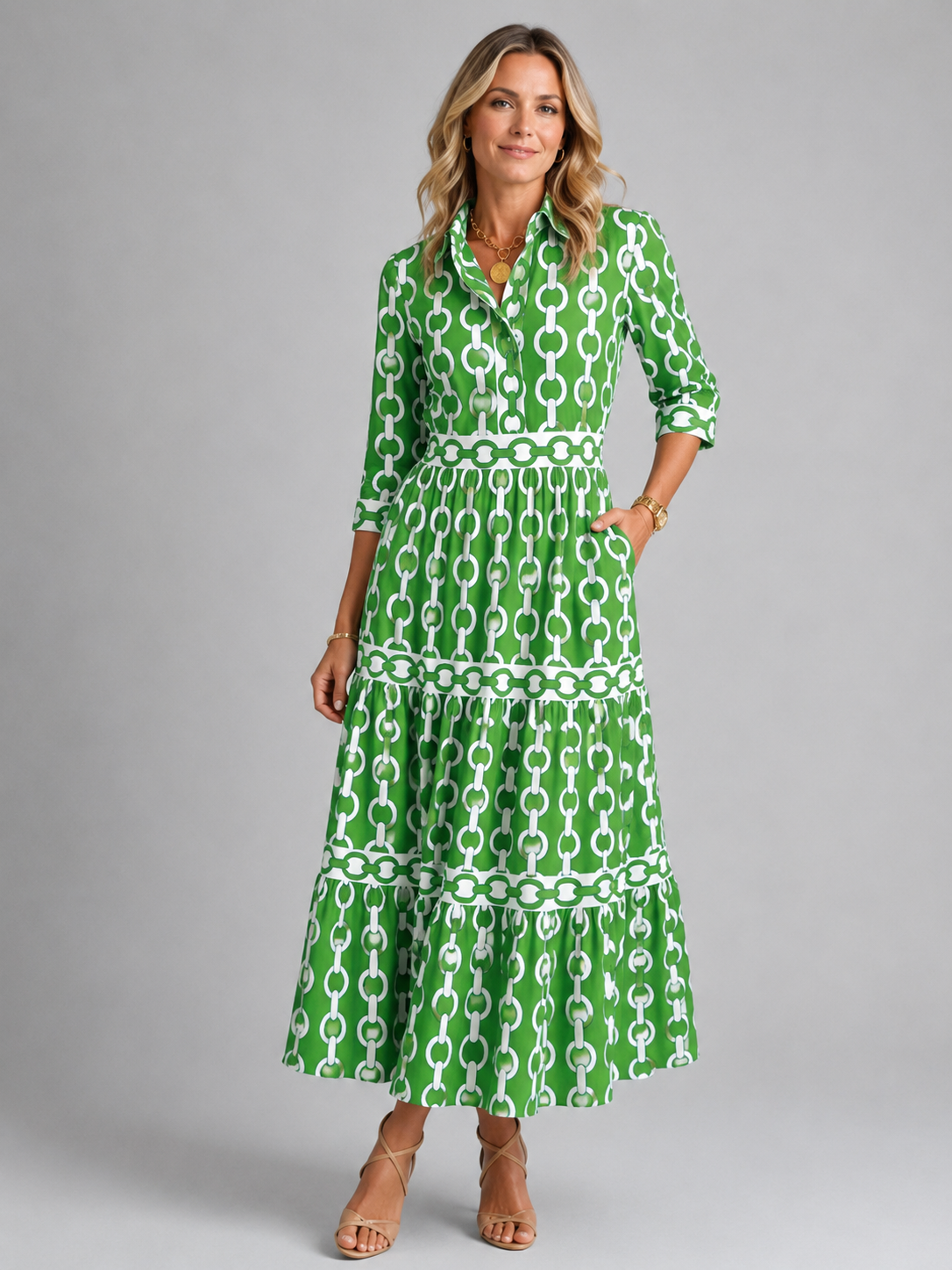 Women’s Chain Print Midi Dress – Flattering Relaxed Fit